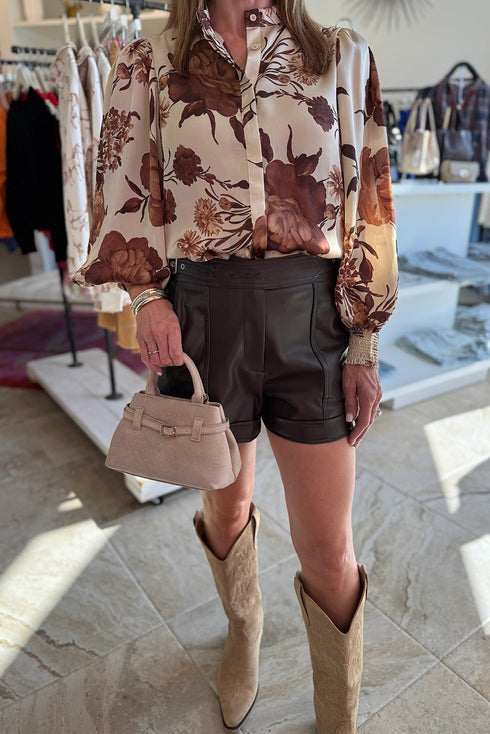Floral Print Poet Sleeve Button Down Woven Shirt