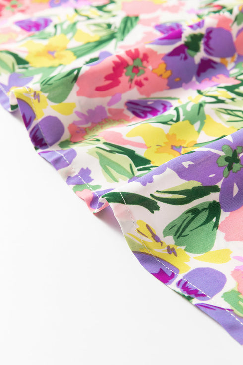 Floral Print Puff Short Sleeve Crew Neck Woven Blouse