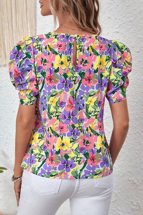 Floral Print Puff Short Sleeve Crew Neck Woven Blouse