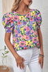Floral Print Puff Short Sleeve Crew Neck Woven Blouse