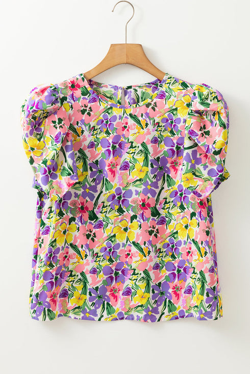 Floral Print Puff Short Sleeve Crew Neck Woven Blouse