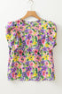 Floral Print Puff Short Sleeve Crew Neck Woven Blouse