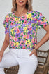 Floral Print Puff Short Sleeve Crew Neck Woven Blouse