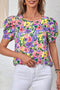Floral Print Puff Short Sleeve Crew Neck Woven Blouse