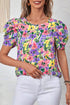 Floral Print Puff Short Sleeve Crew Neck Woven Blouse