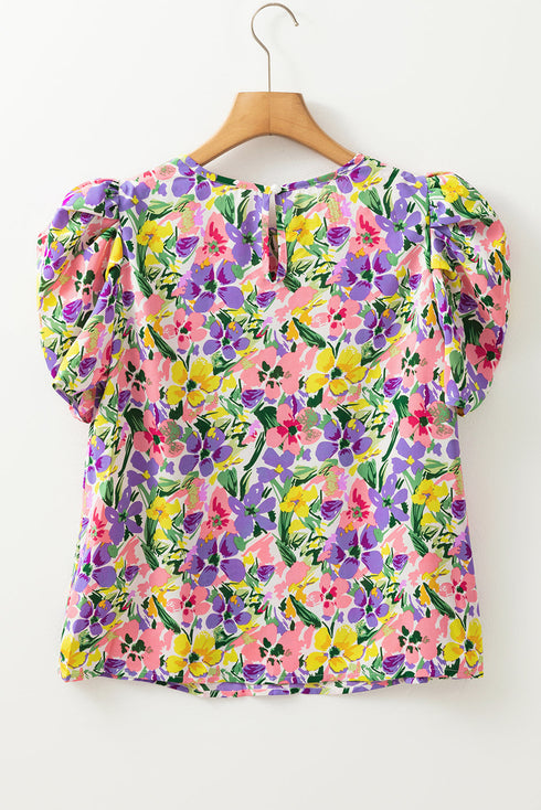 Floral Print Puff Short Sleeve Crew Neck Woven Blouse