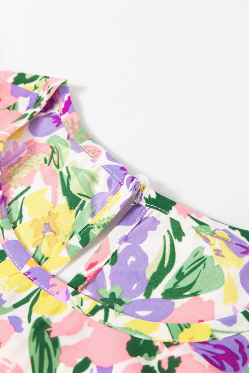 Floral Print Puff Short Sleeve Crew Neck Woven Blouse