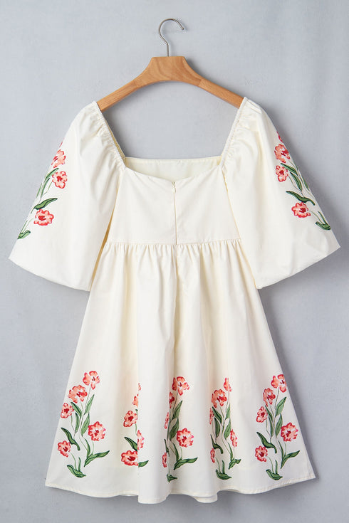 Floral Print Puff Sleeve A Line Babydoll Mini Dress