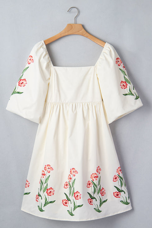 Floral Print Puff Sleeve A Line Babydoll Mini Dress
