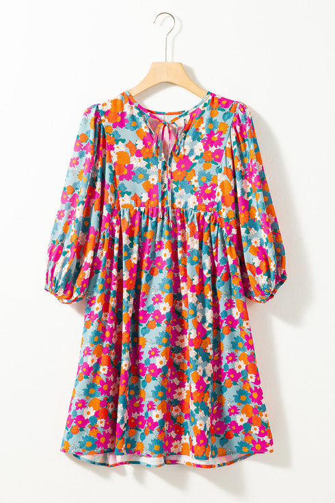 Floral Print Puff Sleeve Babydoll Mini Dress
