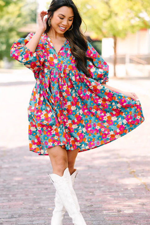 Floral Print Puff Sleeve Babydoll Mini Dress