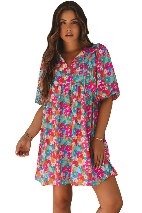 Floral Print Puff Sleeve Babydoll Mini Dress