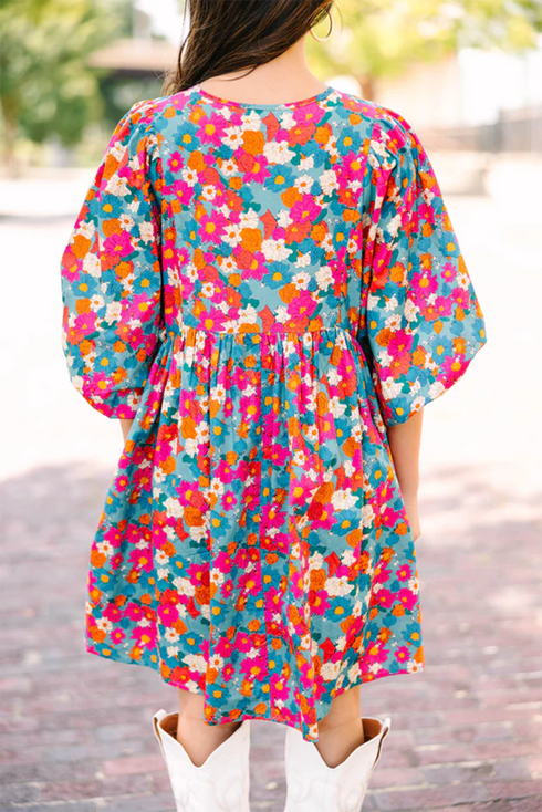 Floral Print Puff Sleeve Babydoll Mini Dress