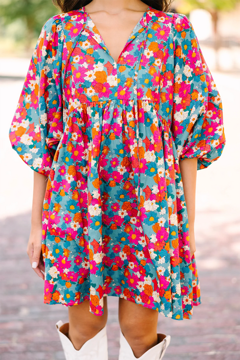 Floral Print Puff Sleeve Babydoll Mini Dress