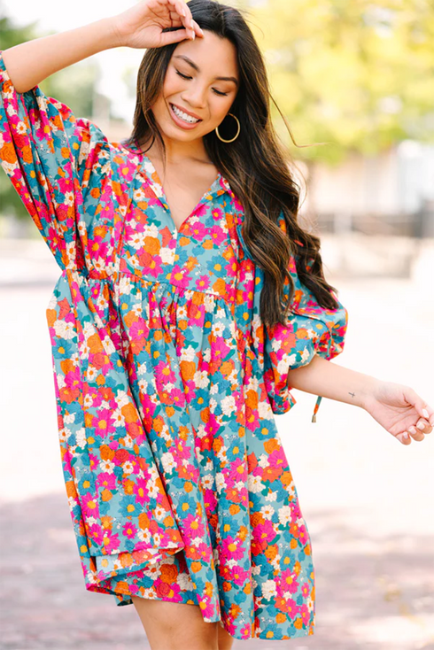 Floral Print Puff Sleeve Babydoll Mini Dress