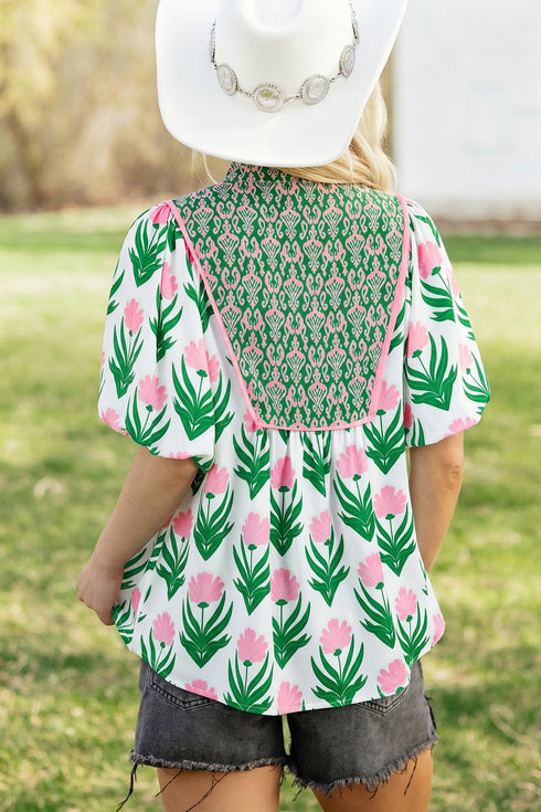 Floral Print Puff Sleeve Bordered V Neck Blouse