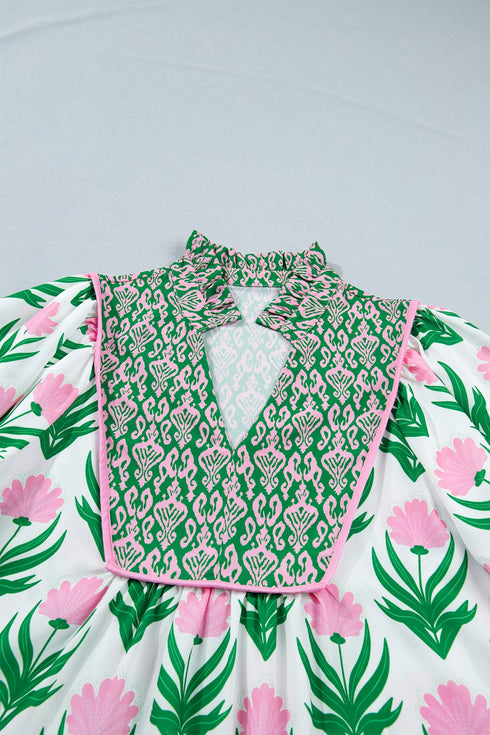 Floral Print Puff Sleeve Bordered V Neck Blouse