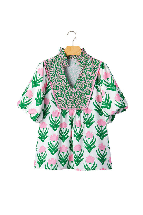 Floral Print Puff Sleeve Bordered V Neck Blouse