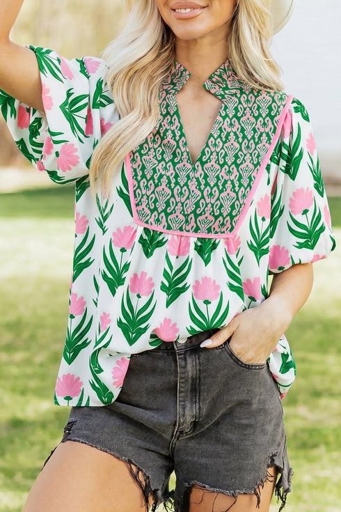 Floral Print Puff Sleeve Bordered V Neck Blouse