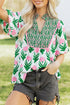 Floral Print Puff Sleeve Bordered V Neck Blouse