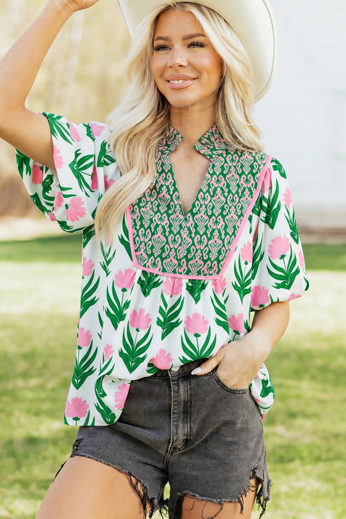 Floral Print Puff Sleeve Bordered V Neck Blouse