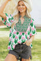 Floral Print Puff Sleeve Bordered V Neck Blouse