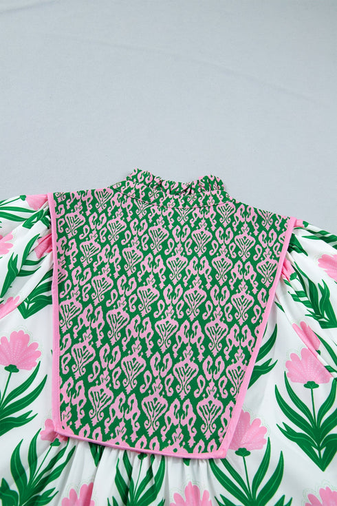 Floral Print Puff Sleeve Bordered V Neck Blouse