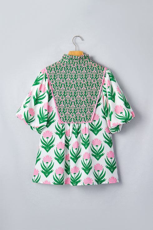 Floral Print Puff Sleeve Bordered V Neck Blouse