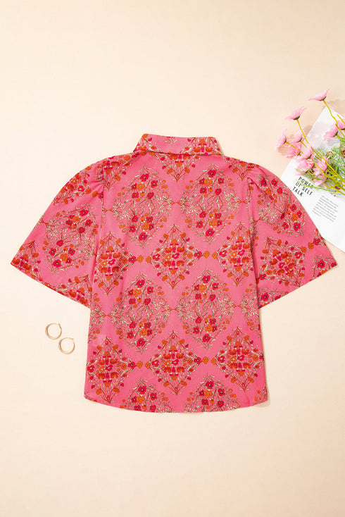 Floral Print Puff Sleeve Button Down Collared Shirt