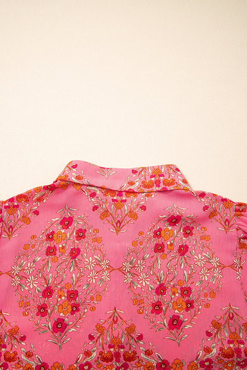 Floral Print Puff Sleeve Button Down Collared Shirt