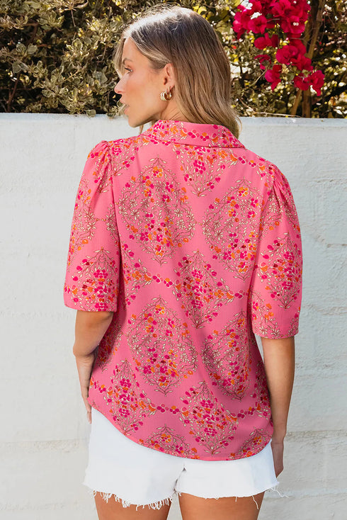 Floral Print Puff Sleeve Button Down Collared Shirt