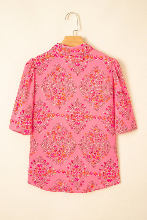 Floral Print Puff Sleeve Button Down Collared Shirt