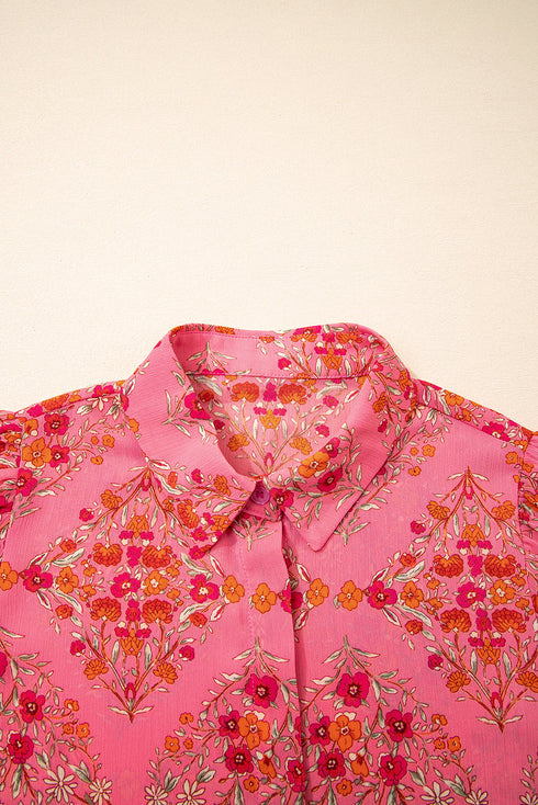 Floral Print Puff Sleeve Button Down Collared Shirt