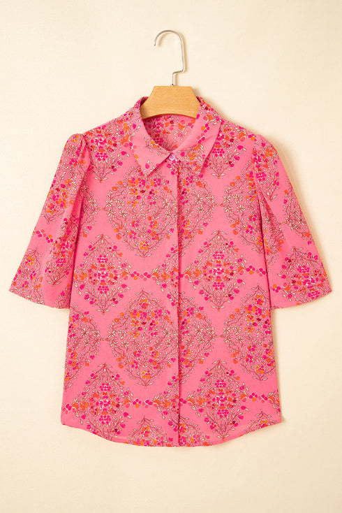 Floral Print Puff Sleeve Button Down Collared Shirt
