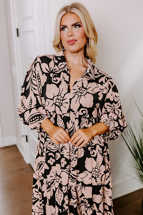 Floral Print Puff Sleeve Collared H Line Maxi Dress