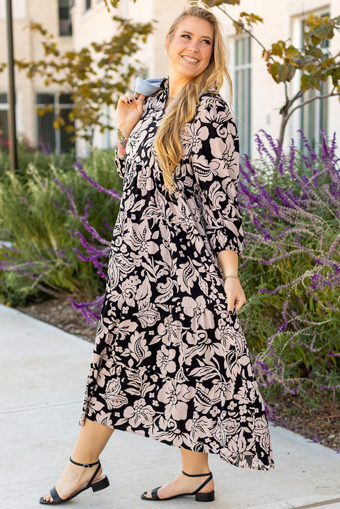 Floral Print Puff Sleeve Collared H Line Maxi Dress