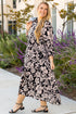 Floral Print Puff Sleeve Collared H Line Maxi Dress