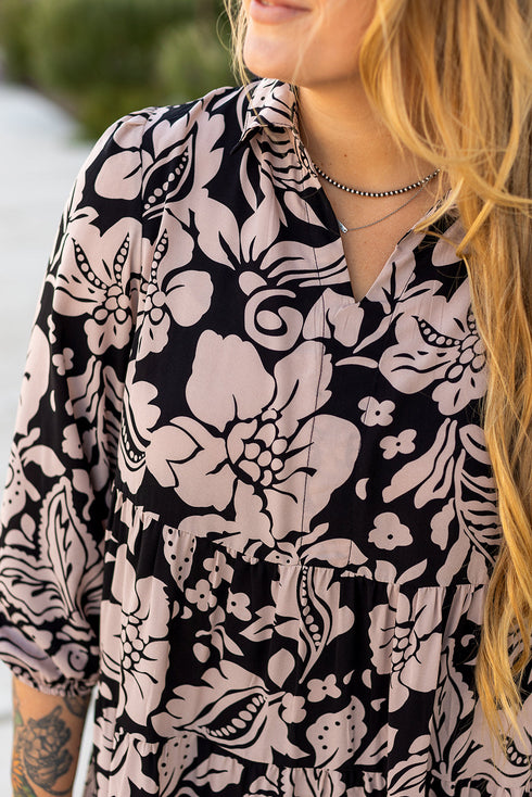 Floral Print Puff Sleeve Collared H Line Maxi Dress