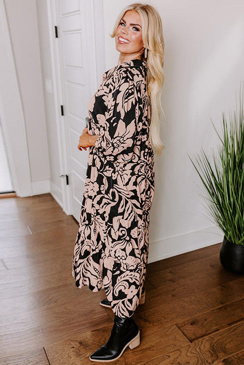 Floral Print Puff Sleeve Collared H Line Maxi Dress