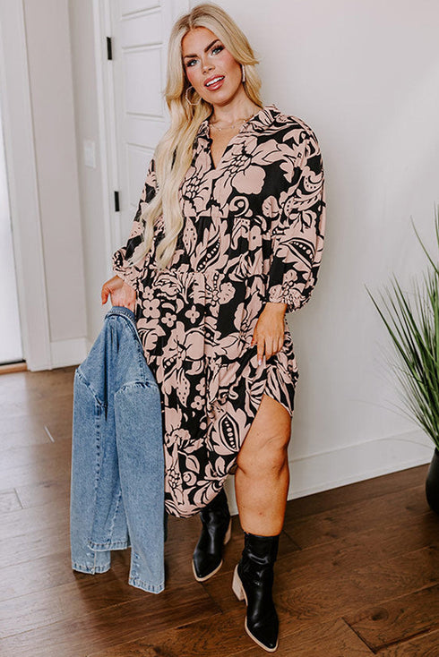 Floral Print Puff Sleeve Collared H Line Maxi Dress