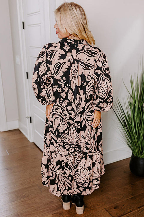 Floral Print Puff Sleeve Collared H Line Maxi Dress