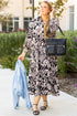 Floral Print Puff Sleeve Collared H Line Maxi Dress