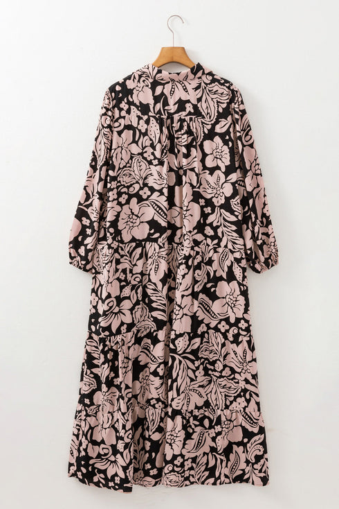 Floral Print Puff Sleeve Collared H Line Maxi Dress