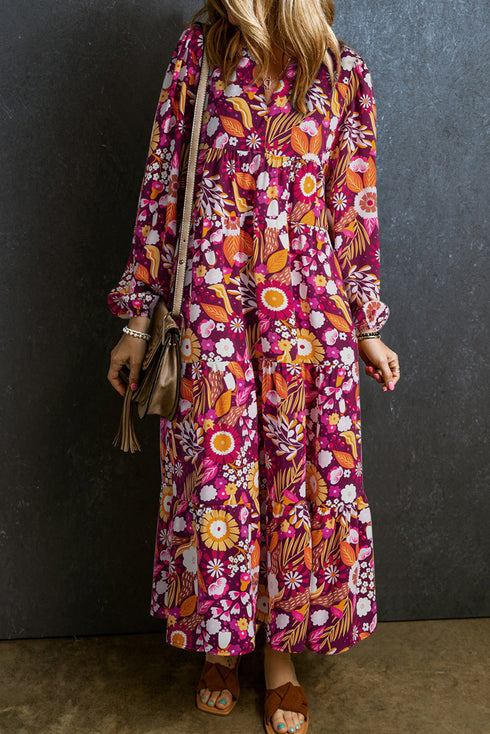 Floral Print Puff Sleeve Collared Tiered Flowy Maxi Dress