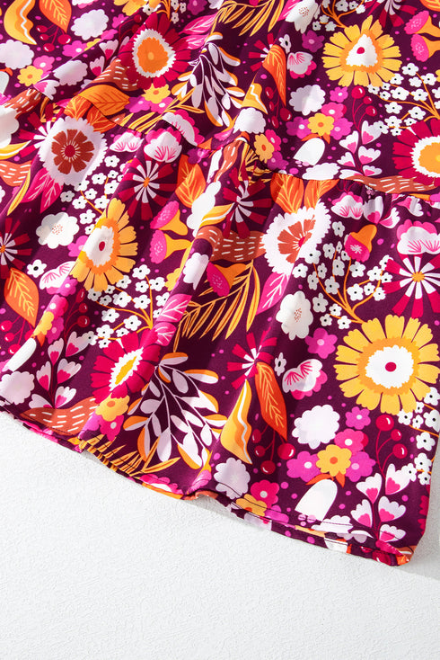 Floral Print Puff Sleeve Collared Tiered Flowy Maxi Dress