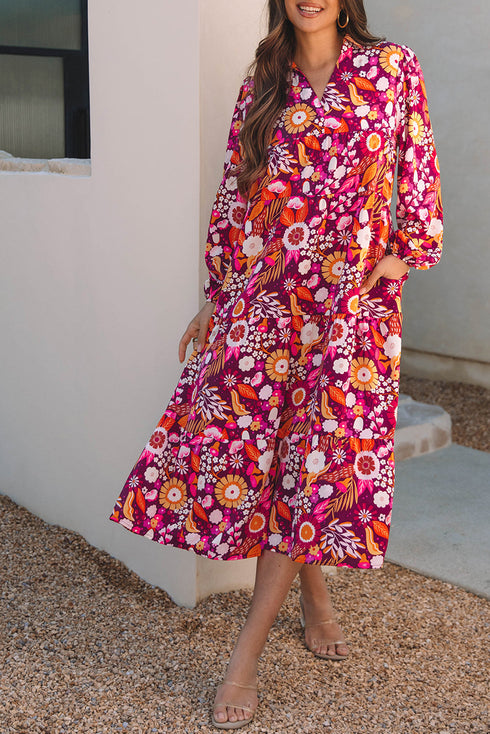 Floral Print Puff Sleeve Collared Tiered Flowy Maxi Dress
