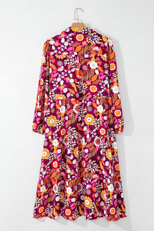 Floral Print Puff Sleeve Collared Tiered Flowy Maxi Dress