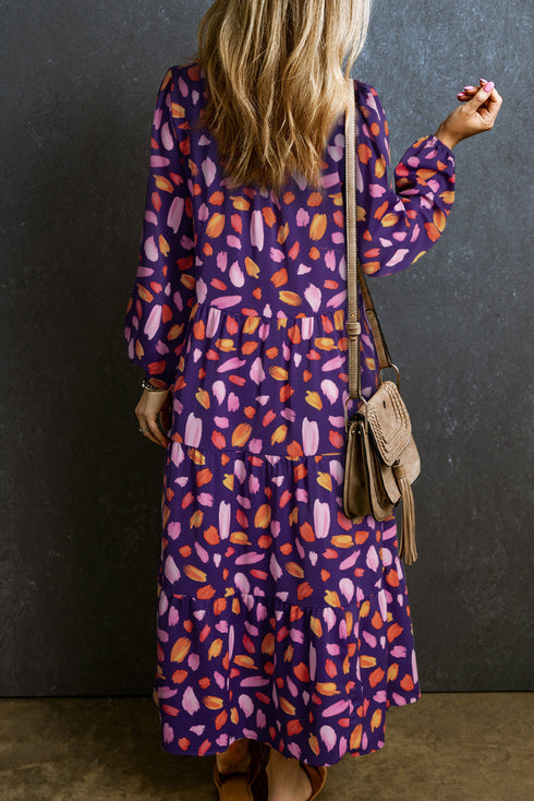 Floral Print Puff Sleeve Collared Tiered Flowy Maxi Dress