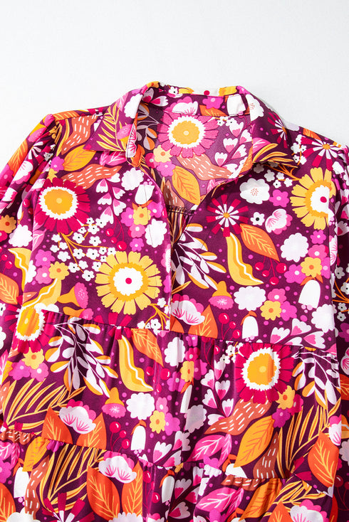 Floral Print Puff Sleeve Collared Tiered Flowy Maxi Dress