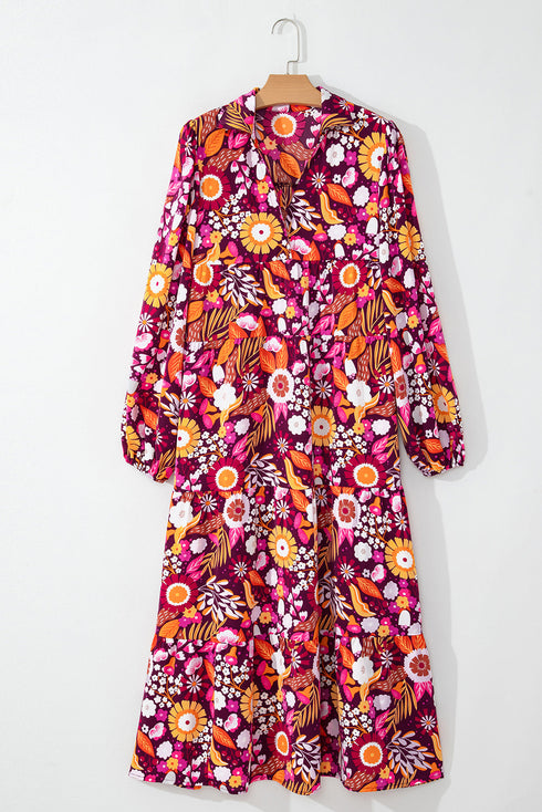 Floral Print Puff Sleeve Collared Tiered Flowy Maxi Dress